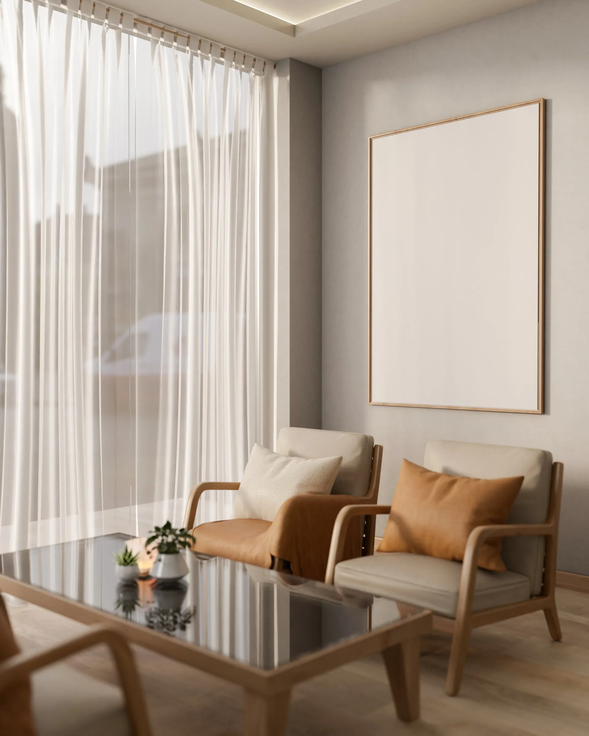 Two warm timber armchairs beside sheer curtains in soft natural light